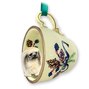 Pekingese Dog in Green Holiday Tea Cup Christmas Ornament – Hand-Painted Stone Resin