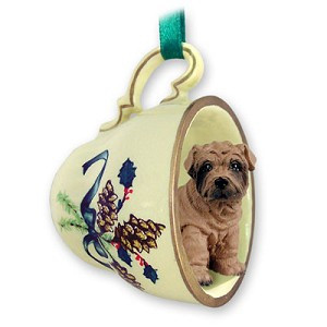 Brown Shar Pei Dog in Green Holiday Tea Cup Christmas Ornament – Hand-Painted Stone Resin