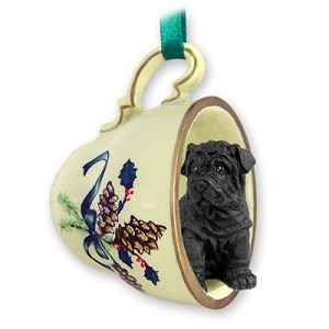 Black Shar Pei Dog in Green Holiday Tea Cup Christmas Ornament – Hand-Painted Stone Resin