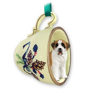Smooth Coat Saint Bernard Dog in Green Holiday Tea Cup Christmas Ornament – Hand-Painted Stone Resin