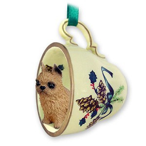 Red Brussels Griffon Dog in Green Holiday Tea Cup Christmas Ornament – Hand-Painted Stone Resin