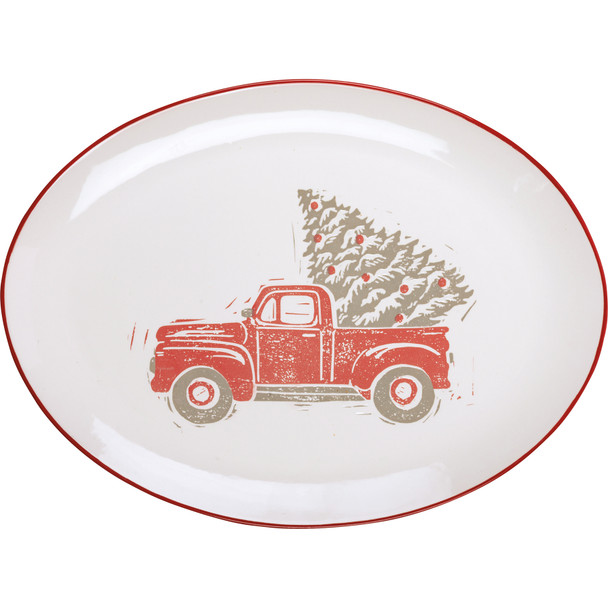 Stoneware Holiday Platter - Red Christmas Tree Truck 12.5 In x 9 In from Primitives by Kathy