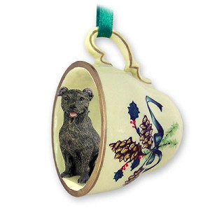 Brindle Staffordshire Bull Terrier Dog in Green Holiday Tea Cup Christmas Ornament