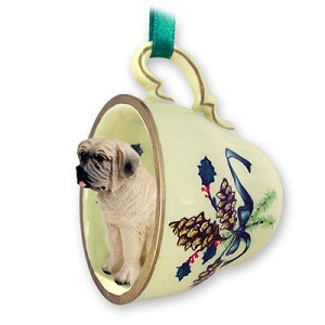 Green Holiday Mastiff Dog in Green Holiday Tea Cup Christmas Ornament – Hand-Painted Stone Resin