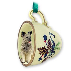 Green Holiday Norwegian Elkhound Dog in Green Holiday Tea Cup Christmas Ornament
