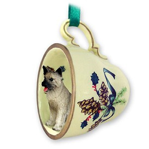 Gray Akita in Green Holiday Tea Cup Christmas Ornament – Hand-Painted Stone Resin