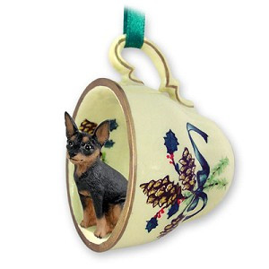 Tan & Black Miniature Pinscher Dog in Green Holiday Tea Cup Christmas Ornament