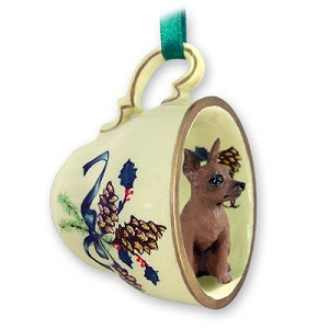 Red & Brown Miniature Pinscher Dog in Green Holiday Tea Cup Christmas Ornament