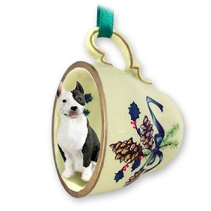 Brindle Pit Bull Terrier Dog in Green Holiday Tea Cup Christmas Ornament – Hand-Painted Stone Resin