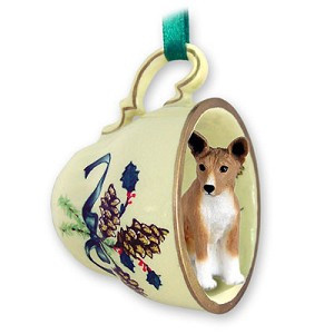 Basenji Dog in Green Holiday Tea Cup Christmas Ornament – Hand-Painted Stone Resin