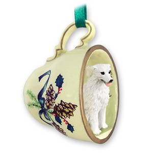 White Kuvasz Dog in Green Holiday Tea Cup Christmas Ornament – Hand-Painted Stone Resin