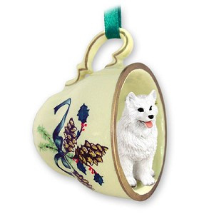 Green Holiday American Eskimo Dog in Green Holiday Tea Cup Christmas Ornament