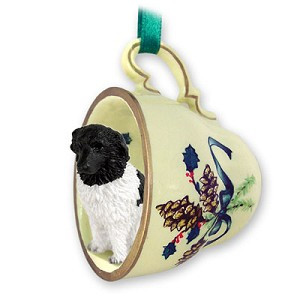 Green Holiday Landseer Dog in Green Holiday Tea Cup Christmas Ornament – Hand-Painted Stone Resin