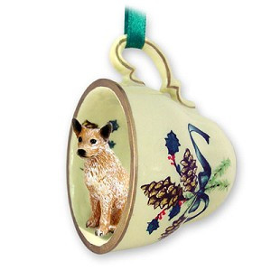 Red Australian Cattle Dog in Green Holiday Tea Cup Christmas Ornament – Hand-Painted Stone Resin