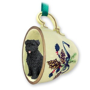 Uncropped Ears Bouvier Des Flandres Dog in Green Holiday Tea Cup Christmas Ornament