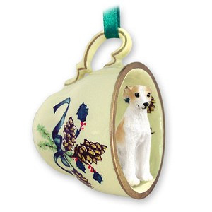 Tan & White Whippet Dog in Green Holiday Tea Cup Christmas Ornament – Hand-Painted Stone Resin