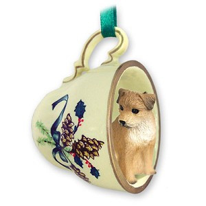 Border Terrier Dog in Green Holiday Tea Cup Christmas Ornament – Hand-Painted Stone Resin