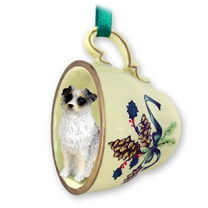 Blue Australian Shepherd Dog in Green Holiday Tea Cup Christmas Ornament – Hand-Painted Stone Resin