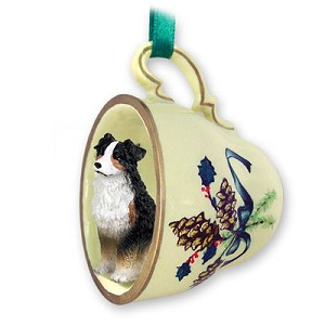 Tricolor Australian Shepherd Dog in Green Holiday Tea Cup Christmas Ornament