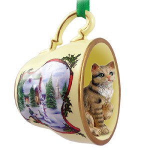 Brown Shorthaired Tabby Cat in Snowman Tea Cup Christmas Ornament – Hand-Painted Stone Resin