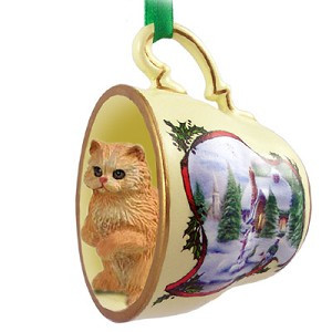 Red Persian Cat in Snowman Tea Cup Christmas Ornament – Hand-Painted Stone Resin