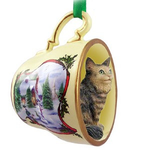 Brown Tabby Maine Coon Cat in Snowman Tea Cup Christmas Ornament – Hand-Painted Stone Resin