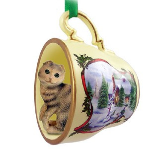Brown Tabby Scottish Fold Cat in Snowman Tea Cup Christmas Ornament – Hand-Painted Stone Resin