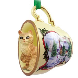 Red Tabby Manx Cat in Snowman Tea Cup Christmas Ornament – Hand-Painted Stone Resin