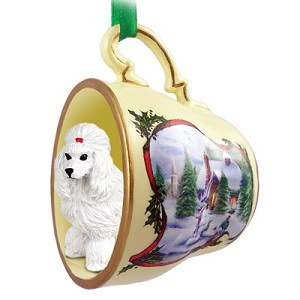 White Poodle Dog in Snowman Tea Cup Christmas Ornament – Hand-Painted Stone Resin