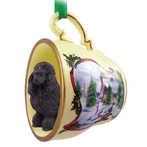 Black Poodle Dog in Snowman Tea Cup Christmas Ornament – Hand-Painted Stone Resin