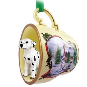 Dalmatian Dog in Snowman Tea Cup Christmas Ornament – Hand-Painted Stone Resin