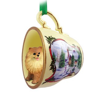 Red Pomeranian Dog in Snowman Tea Cup Christmas Ornament – Hand-Painted Stone Resin