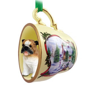 Bulldog in Snowman Tea Cup Christmas Ornament – Hand-Painted Stone Resin