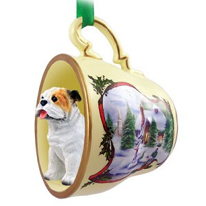 White Bulldog in Snowman Tea Cup Christmas Ornament – Hand-Painted Stone Resin