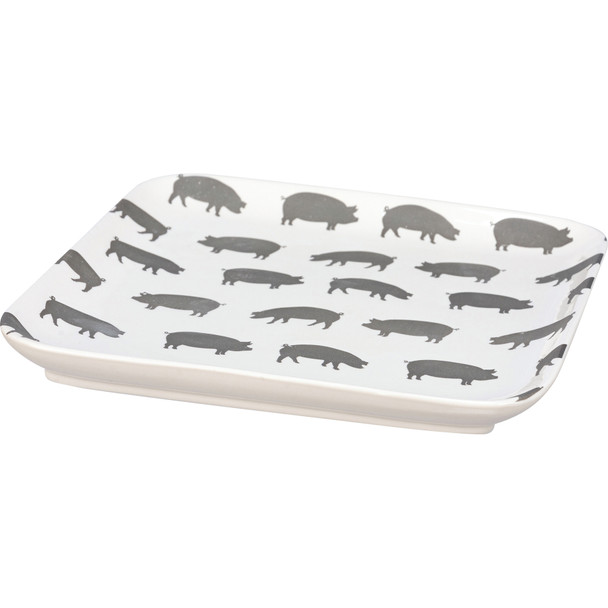 Farmhouse Themed White & Gray Stoneware Tray - Pigs 8x8 from Primitives by Kathy