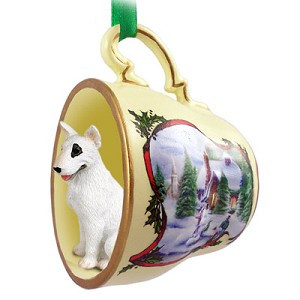 White Bull Terrier Dog in Snowman Tea Cup Christmas Ornament – Hand-Painted Stone Resin