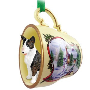 Brindle Bull Terrier Dog in Snowman Tea Cup Christmas Ornament – Hand-Painted Stone Resin