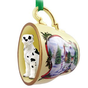 Harlequin Uncropped Ears Great Dane Dog in Snowman Tea Cup Christmas Ornament