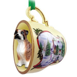 Brindle Uncropped Ears Boxer Dog in Snowman Tea Cup Christmas Ornament – Hand-Painted Stone Resin