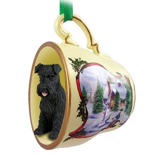 Black Uncropped Ears Schnauzer Dog in Snowman Tea Cup Christmas Ornament – Hand-Painted Stone Resin