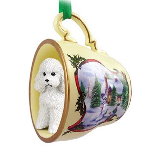 White Sport Cut Poodle Dog in Snowman Tea Cup Christmas Ornament – Hand-Painted Stone Resin