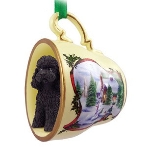 Black Sport Cut Poodle Dog in Snowman Tea Cup Christmas Ornament – Hand-Painted Stone Resin