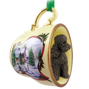 Chocolate Sport Cut Poodle Dog in Snowman Tea Cup Christmas Ornament – Hand-Painted Stone Resin