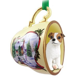 Brown & White Smooth Coat Jack Russell Terrier Dog in Snowman Tea Cup Christmas Ornament