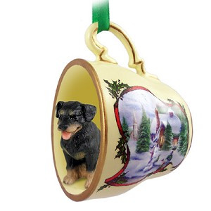 Rottweiler Dog in Snowman Tea Cup Christmas Ornament – Hand-Painted Stone Resin