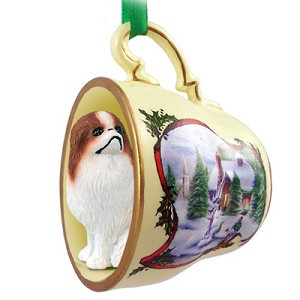Red & White Japanese Chin Dog in Snowman Tea Cup Christmas Ornament – Hand-Painted Stone Resin