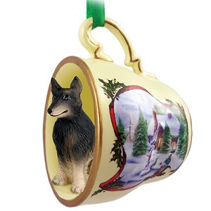 Belgian Tervuren Dog in Snowman Tea Cup Christmas Ornament – Hand-Painted Stone Resin