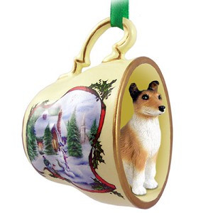 Smooth Coat Collie Dog in Snowman Tea Cup Christmas Ornament – Hand-Painted Stone Resin