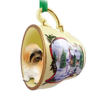 Brown Sport Cut Lhasa Apso Dog in Snowman Tea Cup Christmas Ornament – Hand-Painted Stone Resin