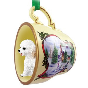 White Cockapoo Dog in Snowman Tea Cup Christmas Ornament – Hand-Painted Stone Resin